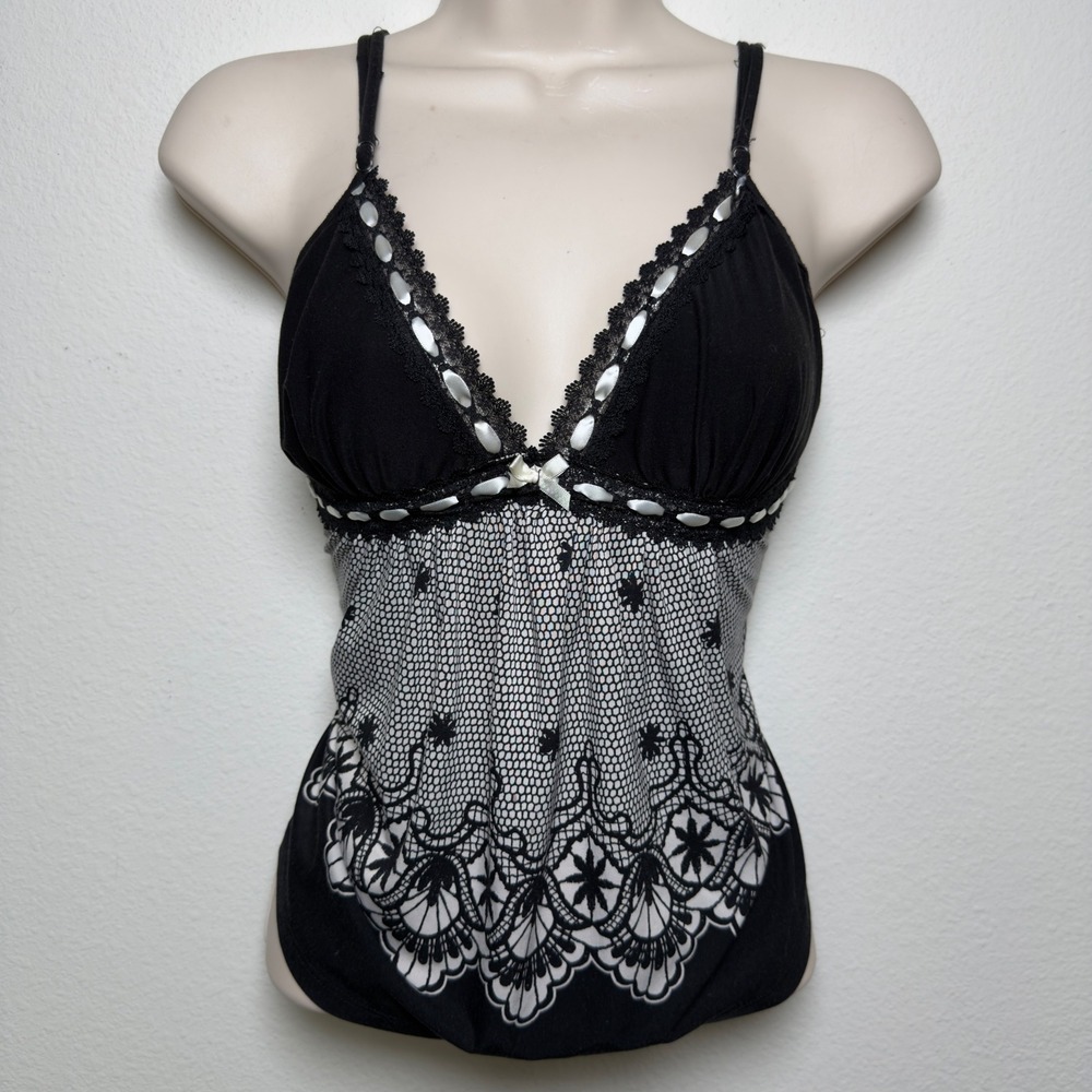 Studio Donatella Women Whimsigoth Babydoll Cami Top Small Black Lace Coquette